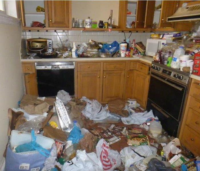 Image showing a kitchen covered in trash.